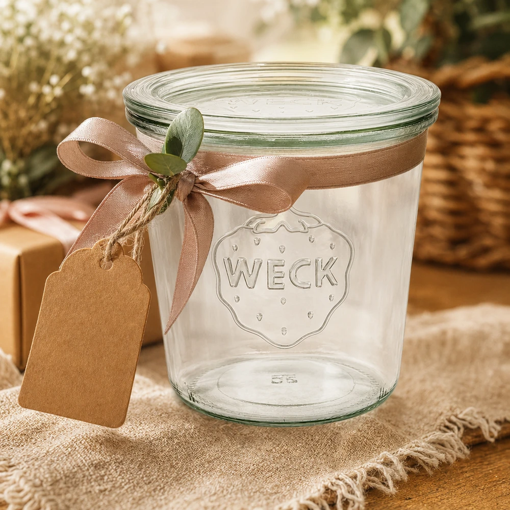 WECK Sturzglas 580ml RR100 dekoriert mit brauner Schleife und Geschenkanhänger als Geschenkverpackung Idee