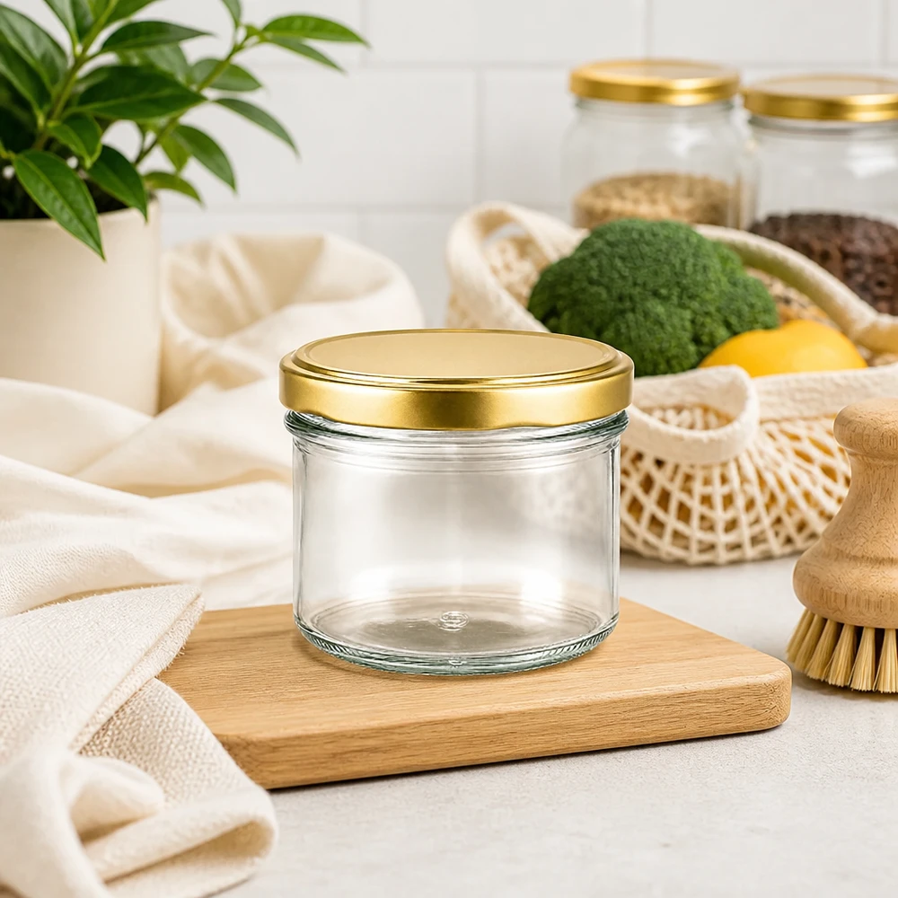 225ml Sturzglas UNiTWIST gold leer auf Holzbrett in nachhaltiger Zero-Waste Küche mit Gemüse und Naturfasern