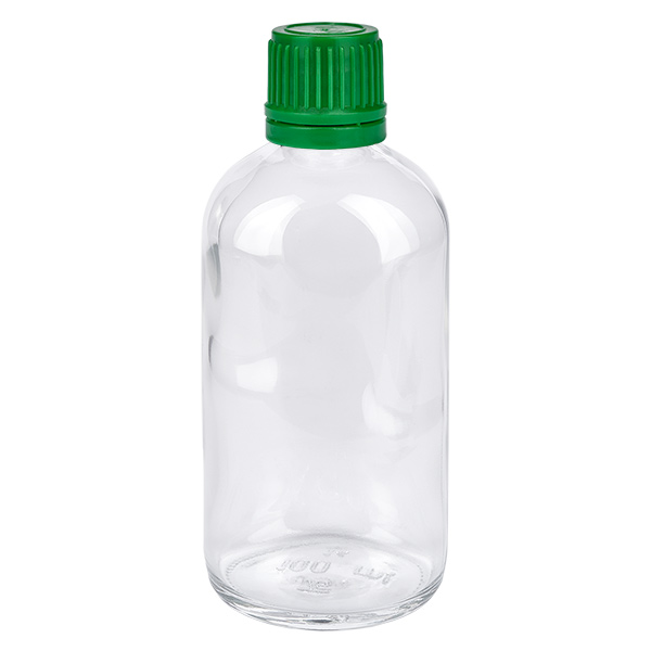 100ml láhev 11mm šroubovací uzávěr zelený uzávěr s ochranou proti manipulaci ClearLine UT18/100 Pharmaflasche 100ml Klarglas grüner Verschluss 11mm ClearLine für Fluessigkeiten