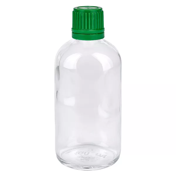 100ml láhev 11mm šroubovací uzávěr zelený uzávěr s ochranou proti manipulaci ClearLine UT18/100 Pharmaflasche 100ml Klarglas grüner Verschluss 11mm ClearLine für Fluessigkeiten
