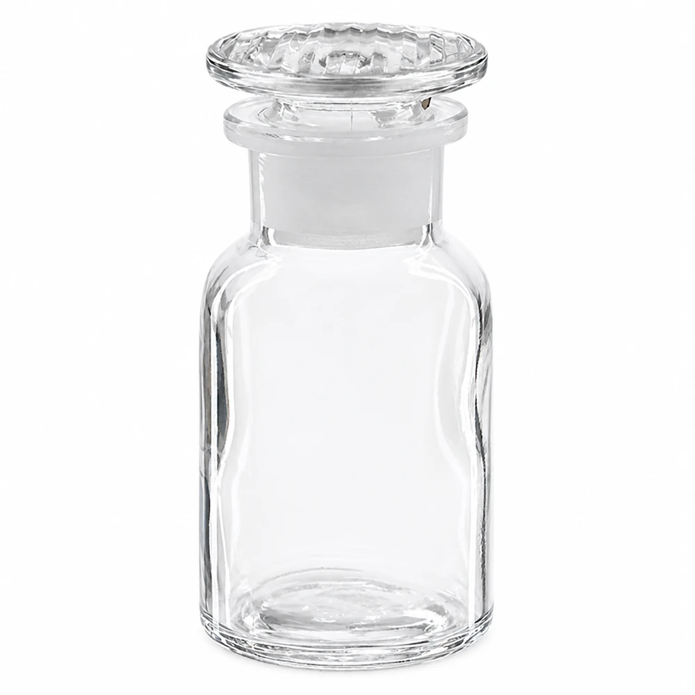 Láhev s kulatým ramenem 100ml čirá skleněná zátka se širokým hrdlem Klassische Laborflasche 100ml Rundschulter klar mit aufgesetztem Glasstopfen Weithals