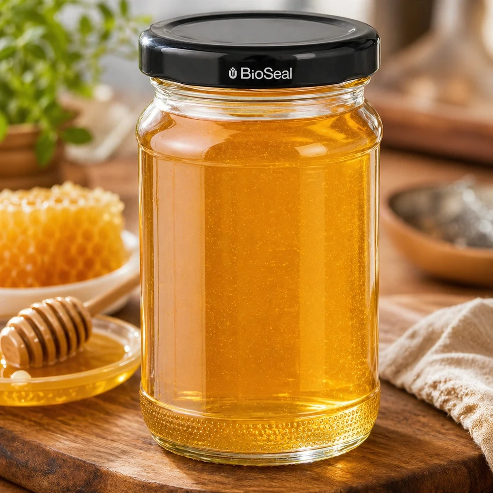 Kulatá sklenice 110 ml + víčko BioSeal černé UNiTWIST. UNiTWIST Runda110 mit goldenem Honig gefüllt - schwarzer TO48 BioSeal Deckel - Honigglas mit Holzlöffel und Wabe