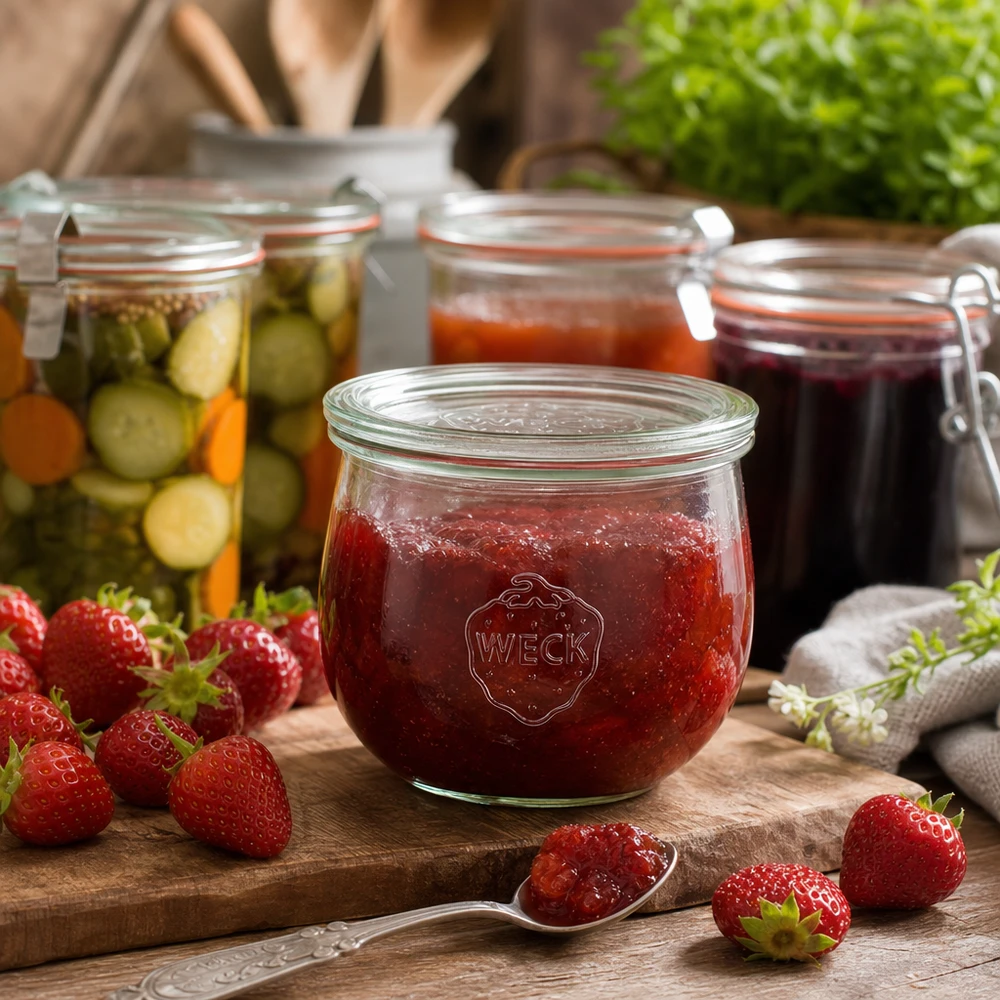 580ml tulipánová sklenice se skleněným víčkem WECK RR100 WECK Tulpenglas 580ml RR100 mit Erdbeermarmelade befüllt neben frischen Erdbeeren und eingelegtem Gemüse auf Holzbrett