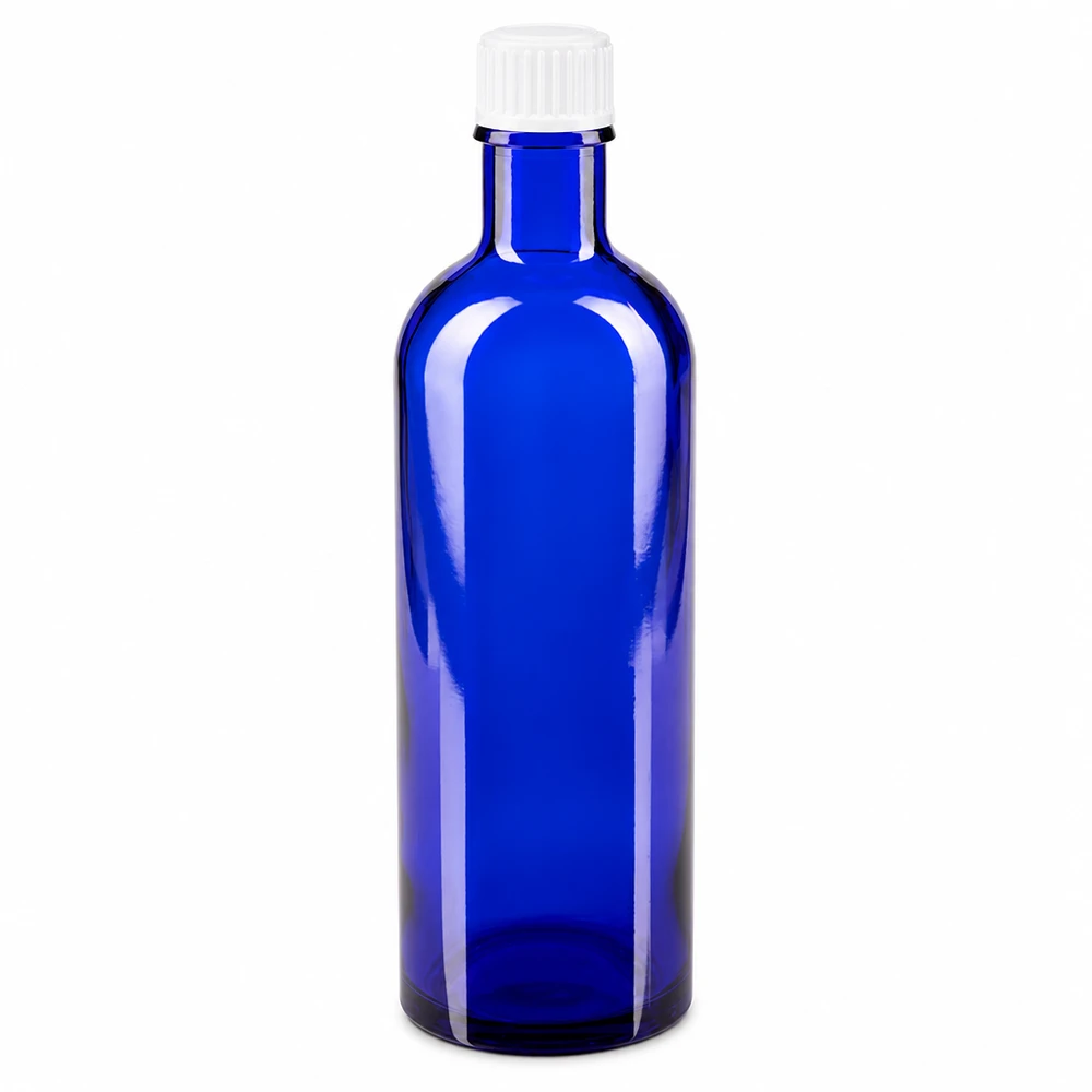 Blaue Laborflasche aus Borosilikatglas 200ml mit weißem Schraubverschluss