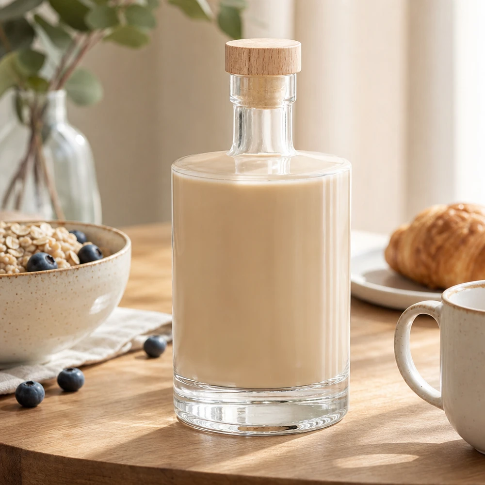 500ml Glasflasche "Marie" mit Holzgriff-Korken UNiTWIST 500ml Glasflasche Marie mit cremigem Likör gefüllt - Holzkorken UNiTWIST - Frühstückstisch Szenerie mit Müsli
