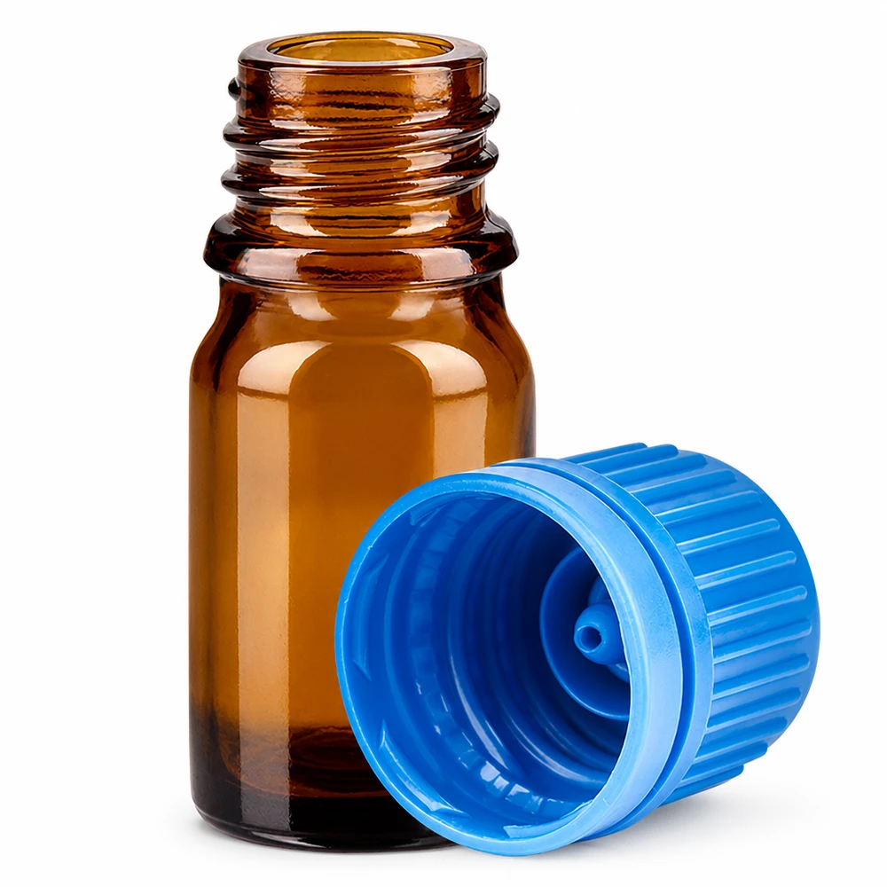 5ml lahvička 11mm šroubovací uzávěr modrý tamper evidentní uzávěr BrownLine UT18/5 Mini Glasflasche 5ml braun für Kosmetik und Pharmazie mit stabilem Kunststoffverschluss