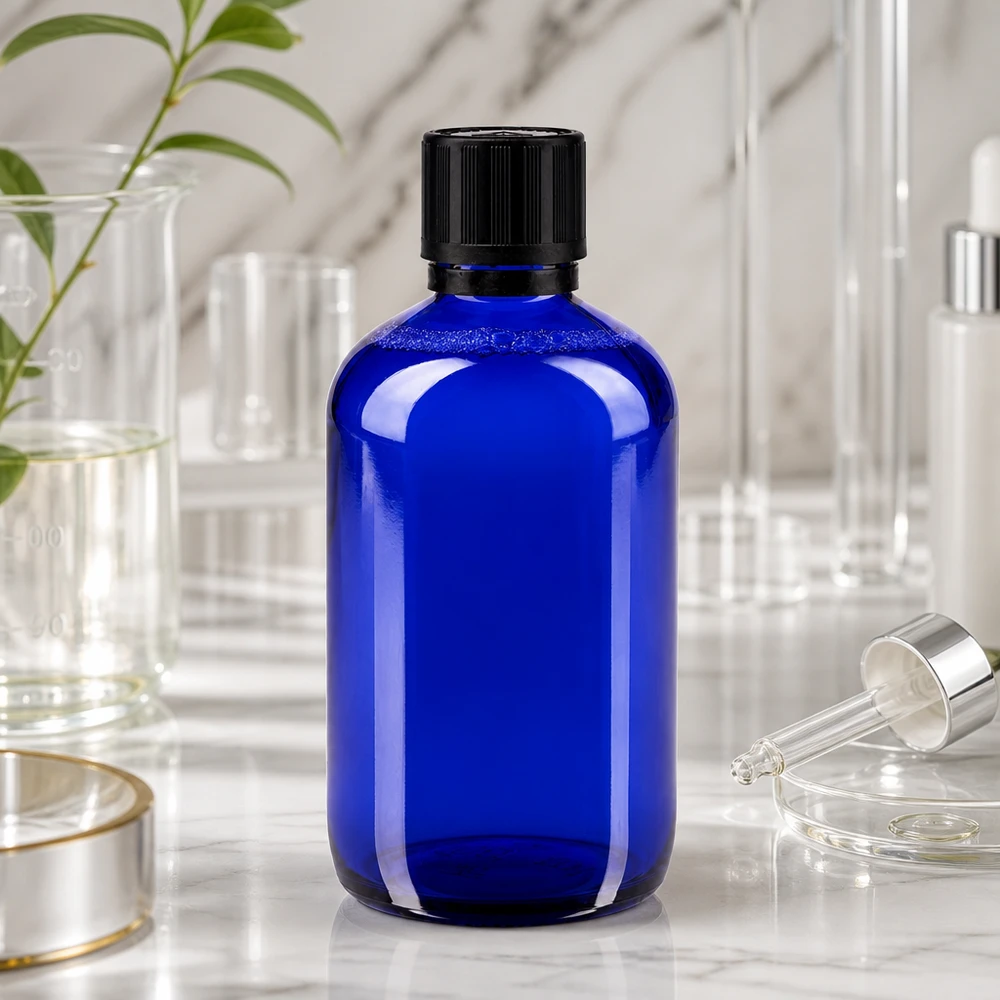 Kobaltblaues 100ml Fläschchen aus Glas mit Dosiereinsatz 1mm und kindersicherem Schwarzverschluss