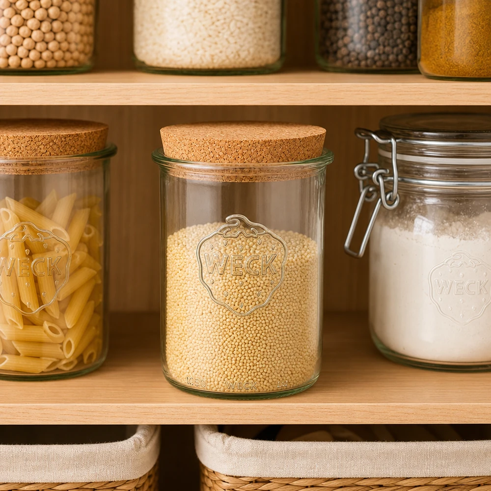 1000ml kelímky WECK RR100 s korkem přírodní WECK Sturzglas RR100 1000ml mit Korkdeckel in organisierter Vorratsküche Pantry mit Getreide Pasta und Mehl