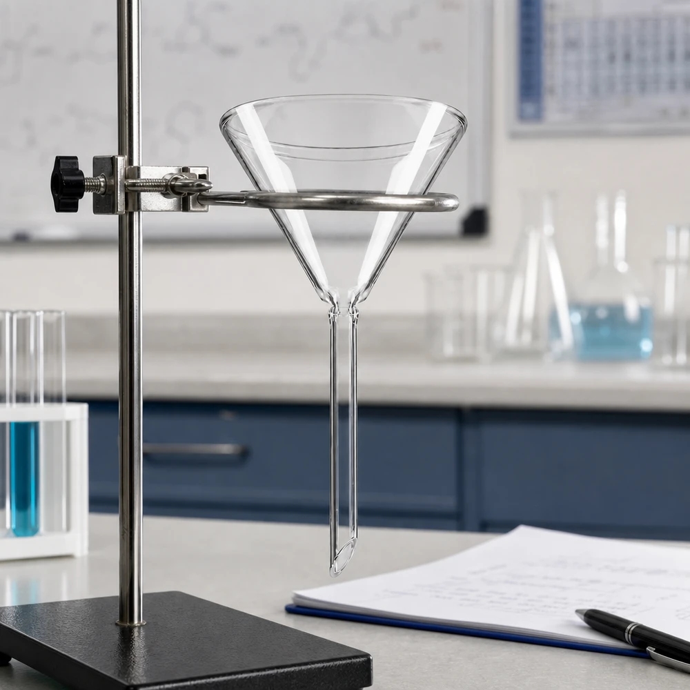 Professioneller Analysentrichter 70mm aus klarem Kalk-Soda-Glas mit kurzem Auslaufrohr