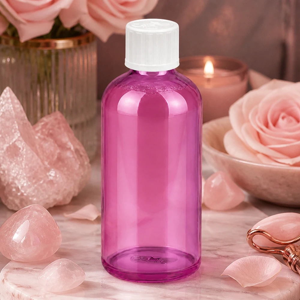 100ml lahvička s kapátkem 1,2mm bílé standardní dětské pojistky PurpleLine. UT18/100 Praktische 100ml Dosierflasche aus Purple Glas mit 1,2mm Öffnung für nachfüllbare Produkte