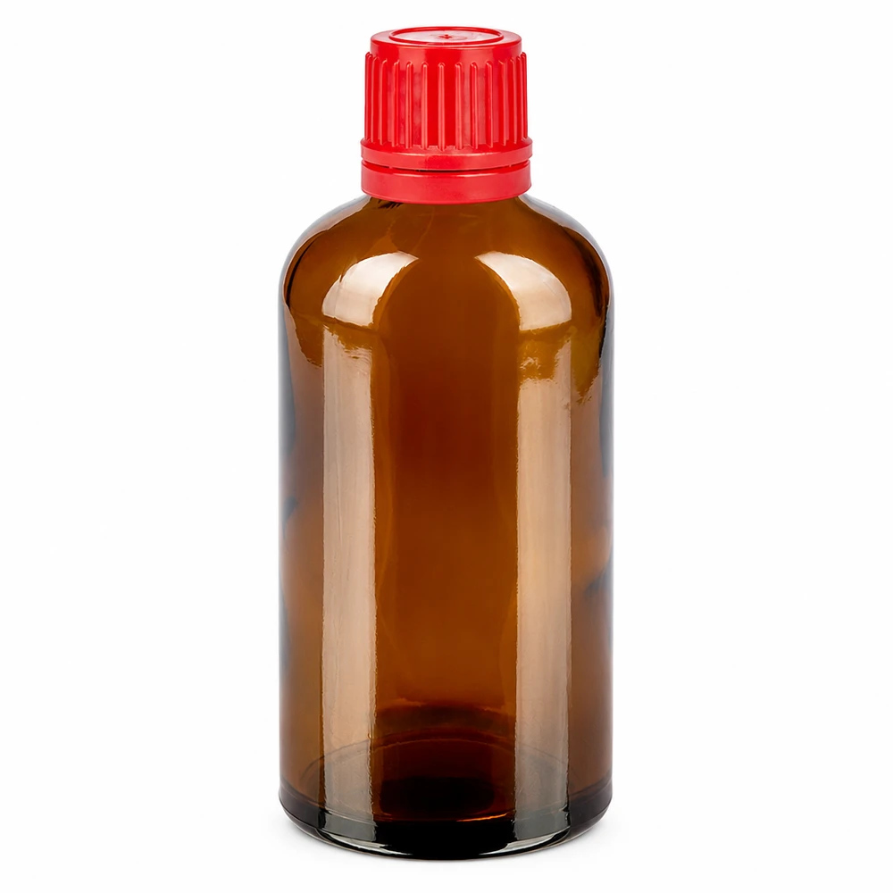 100ml lahvička 11mm šroubovací uzávěr červený tamper evidentní uzávěr BrownLine UT18/100 Hochwertige 100ml Glasflasche in Braun - optimaler Lichtschutz mit praktischem roten Deckel