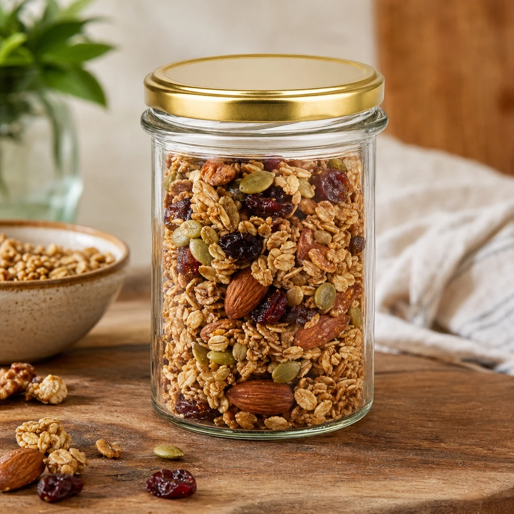 230ml tumblery s víčkem BasicSeal zlaté UNiTWIST. 230ml Sturzglas BasicSeal Deckel gold gefüllt mit Müsli Nüssen Trockenfrüchten zur Aufbewahrung auf Holztisch