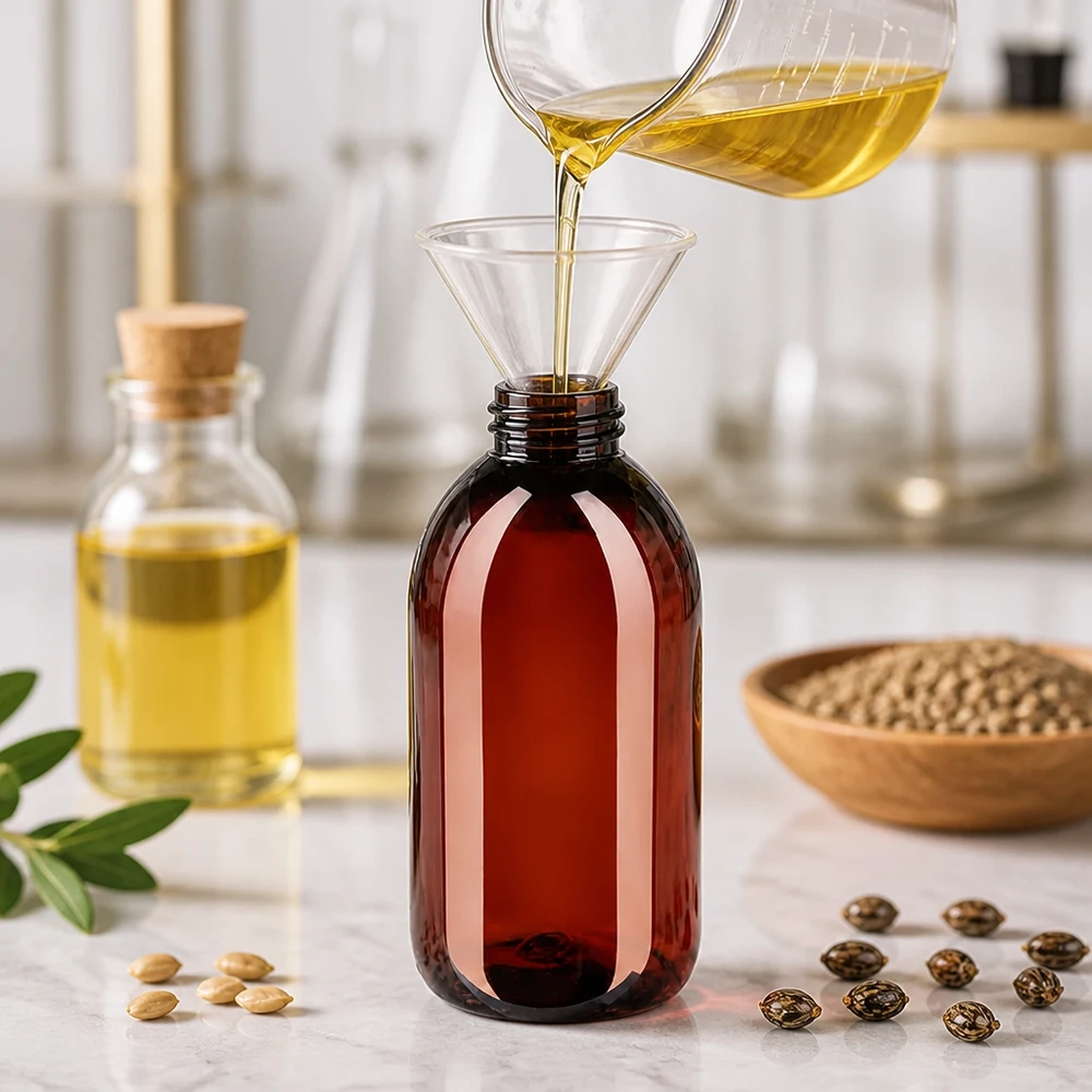 Plnění hnědé kulaté PET láhve o objemu 250 ml pomocí trychtýře a odměrky v laboratorním prostředí