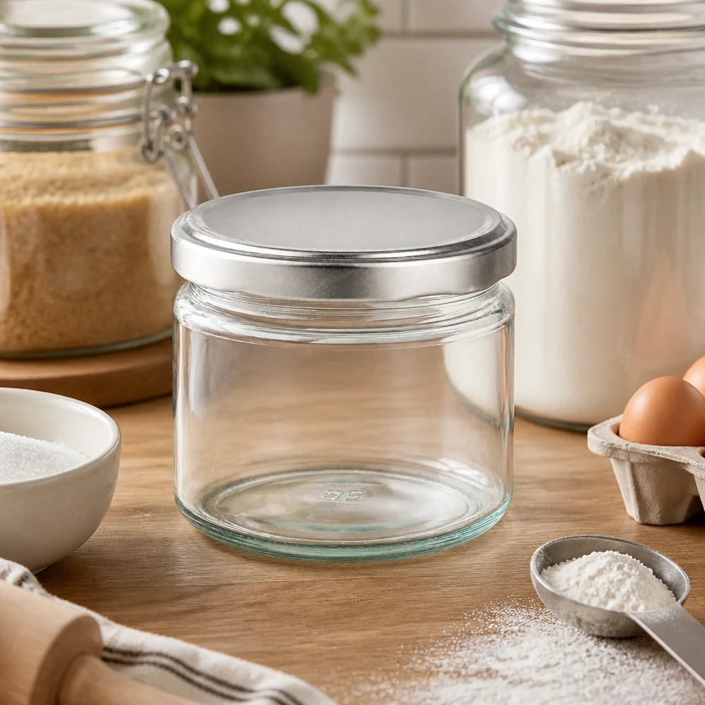 330ml kulatá skleněná nádoba s víčkem BasicSeal stříbrná UNiTWIST. 330ml Rundglas mit BasicSeal Deckel leer zwischen Backzutaten auf Holztisch Einmachglas für Küche und Backen