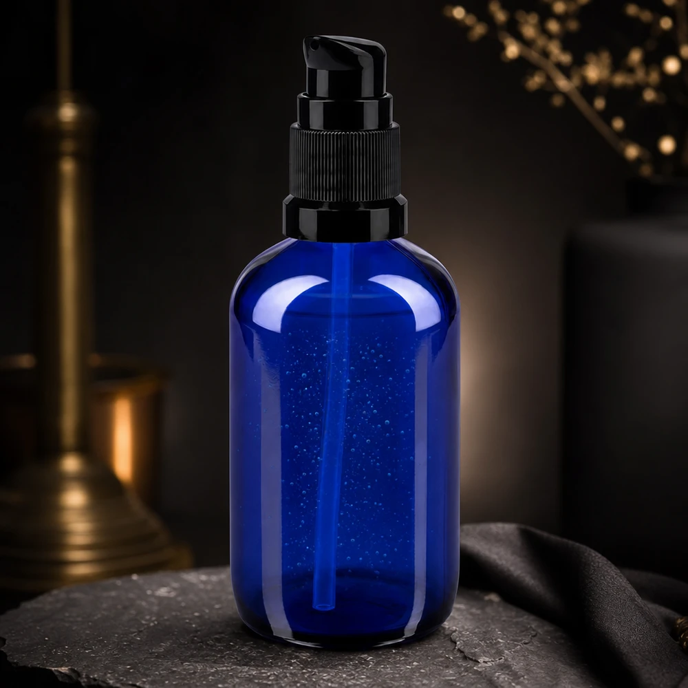 100ml Kosmetikflasche Blau mit schwarzem Pumpspender auf Naturstein vor goldenem Kerzenhalter
