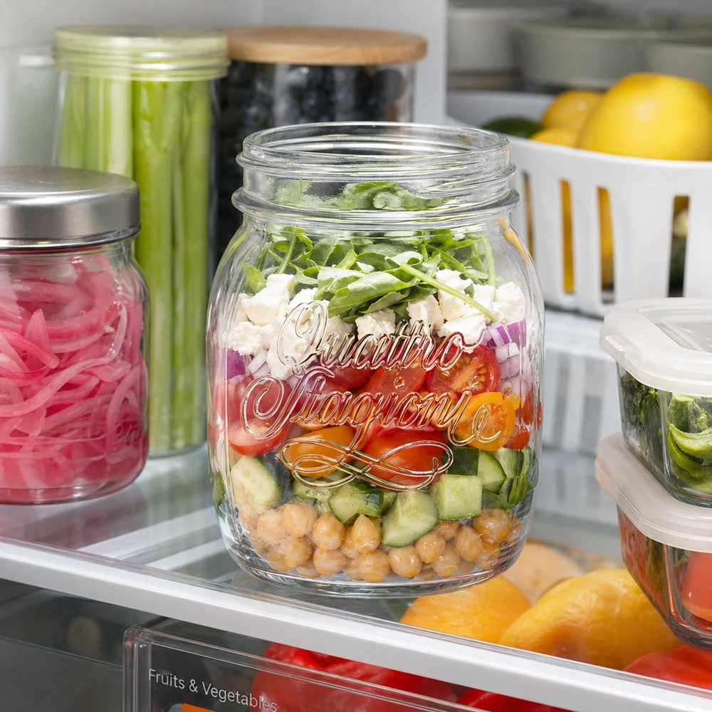Quattro Stagioni 700ml Haushaltsglas mit Schichtsalat im Kühlschrank - praktische Glasaufbewahrung für Meal Prep und Vor
