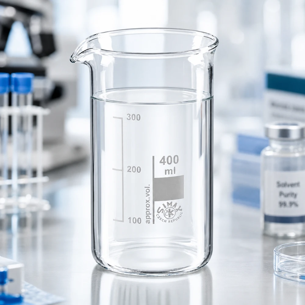 Kádinka 400ml borosilikátové sklo, vysoký tvar Schlankes Becherglas 400ml hohe Form aus Borosilikatglas mit Standboden im Laborumfeld