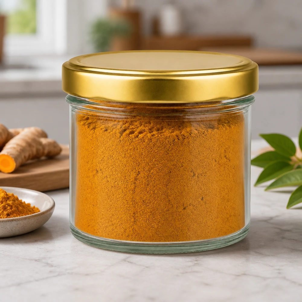 230ml Zylinderglas mit goldenem BasicSeal Deckel gefüllt mit Kurkumapulver Gewürzglas Küchenambiente