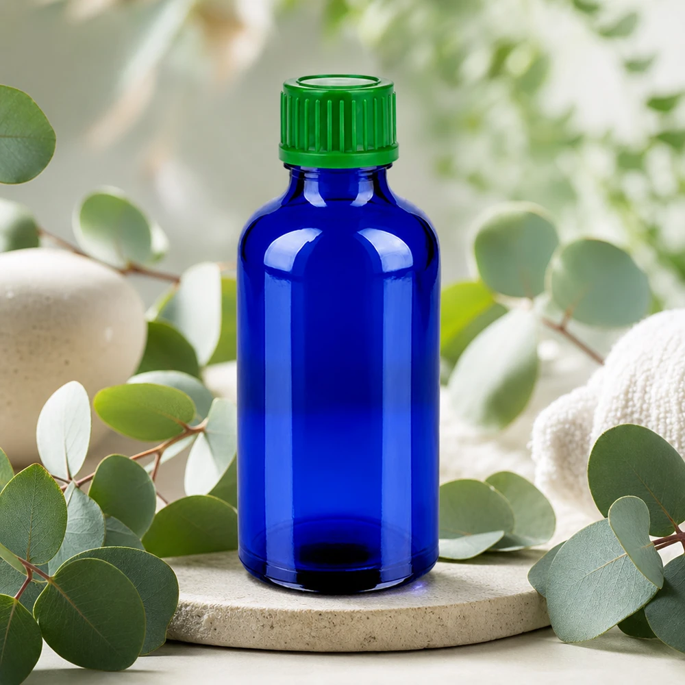 50ml láhev 11mm šroubovací uzávěr zelená Standard BlueLine UT18/50 Professionelle 50ml blaue Laborflasche mit dichtem grünem Verschluss für chemische Substanzen