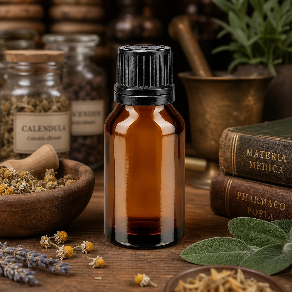 Lékárenská láhev hnědá 15ml kapací uzávěr nalévací kroužek 1mm černý uzávěr s pojistkou proti manipulaci. Tropfflasche braun 15ml mit schwarzem Verschluss 1mm neben Materia Medica und Pharmacopoeia Büchern