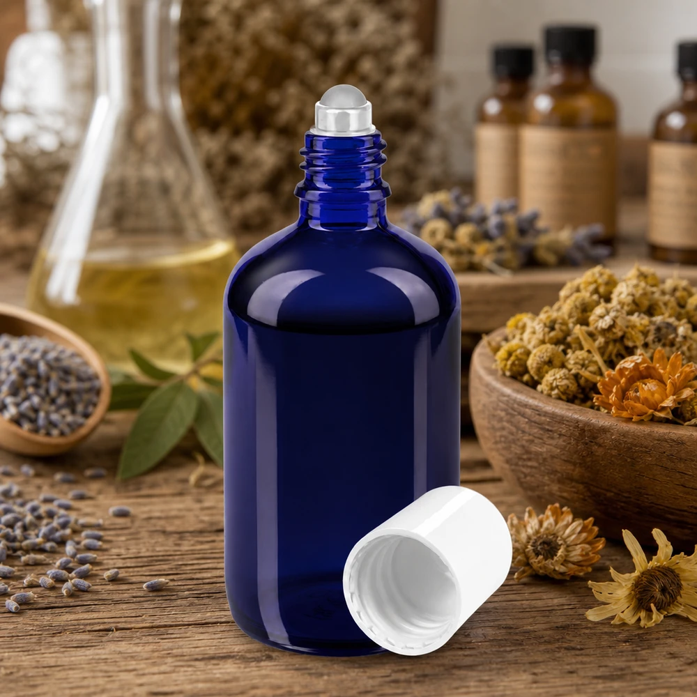 Blaue Lichtschutzglasflasche 100ml mit Rollkugel ideal für Öle Parfüms und Tinkturen