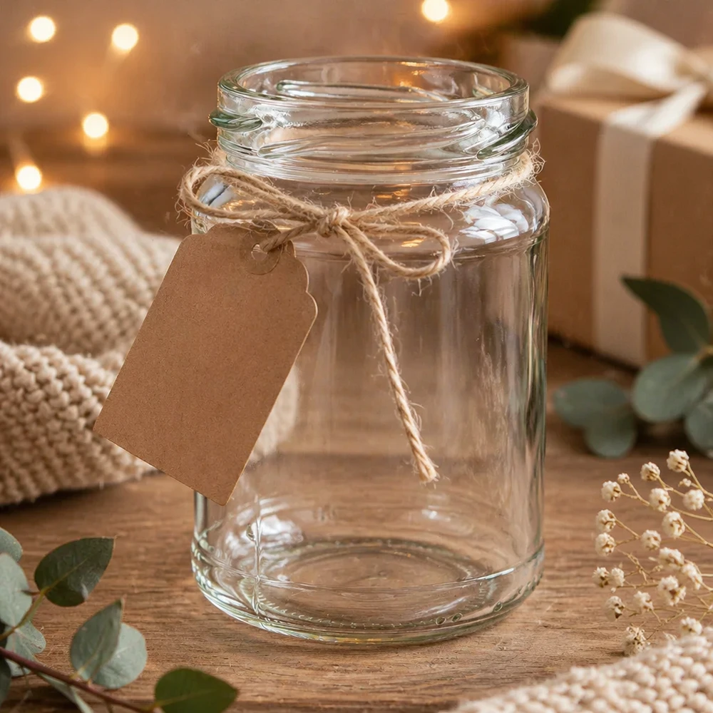 Kulatá sklenice o objemu 205 ml bez víčka (TO58) UNiTWIST UNiTWIST Runda205 Rundglas 205ml TO58 Einmachglas mit Kraftpapier-Anhänger und Juteschnur auf Holztisch