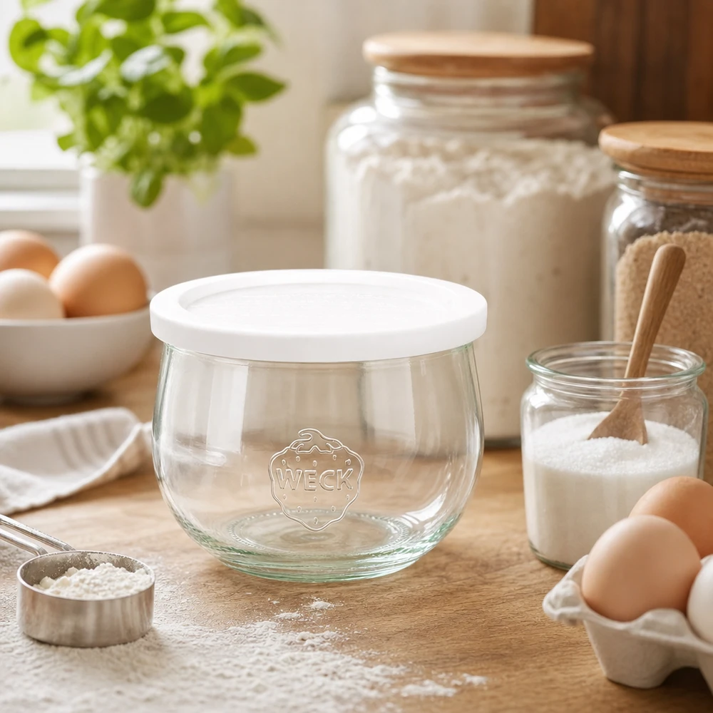580ml tulipánová sklenice se skleněným víčkem WECK RR100 WECK Tulpenglas 580ml RR100 leer mit Frischedeckel in Backküche umgeben von Mehl Eiern und Backzutaten