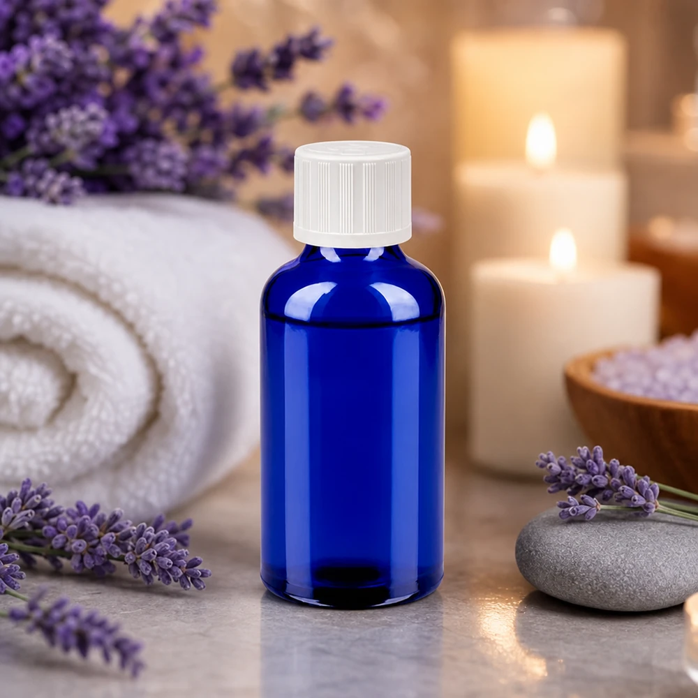 50ml láhev 11mm šroubovací uzávěr bílý standardní odolný proti otevření dětmi BlueLine UT18/50 Kleine blaue Glasflasche 50ml mit sicherem Verschluss für Reise und unterwegs