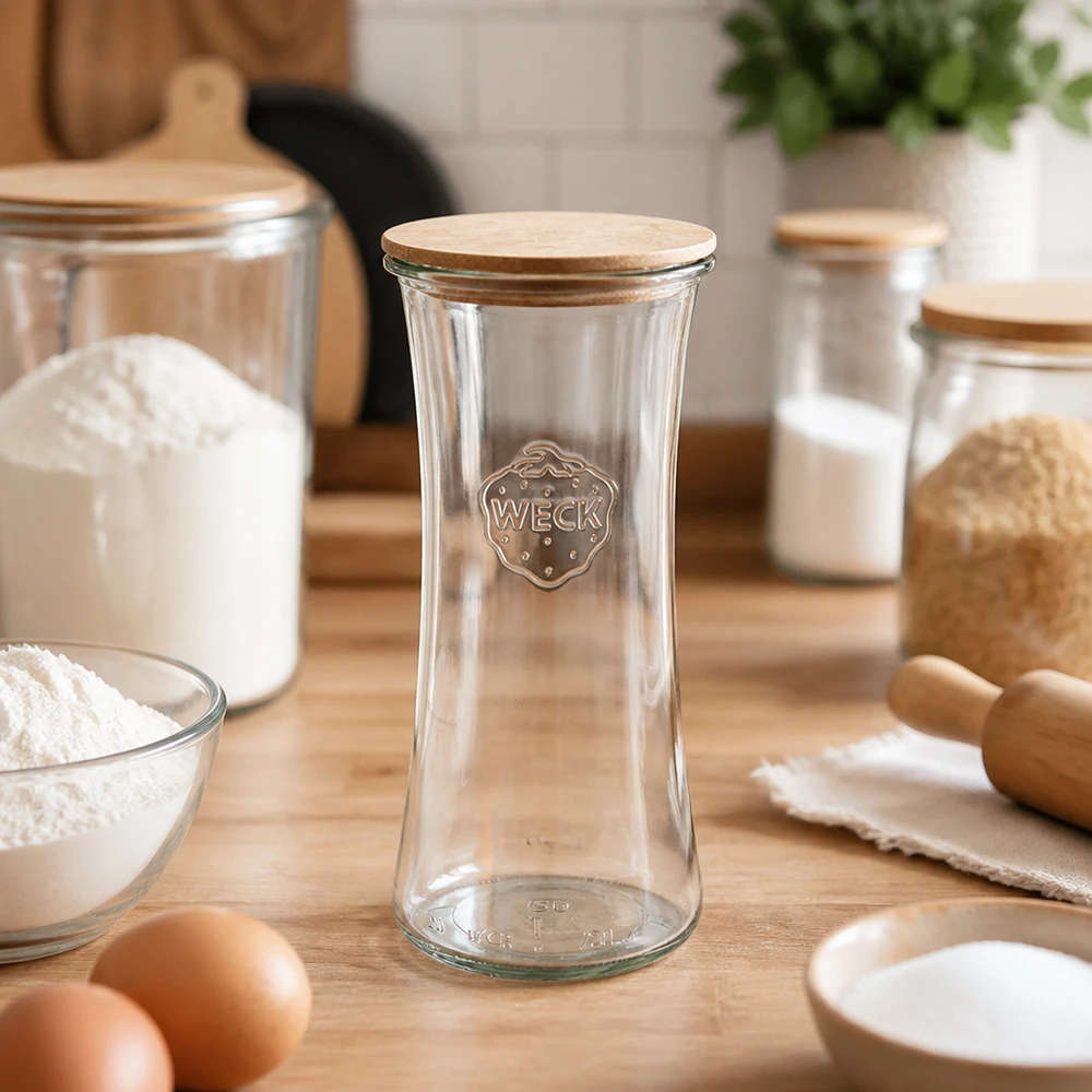 WECK Delikatessenglas 700ml RR80 leer mit Bambusdeckel in Küche umgeben von Backzutaten Mehl Eiern Vorratsdosen
