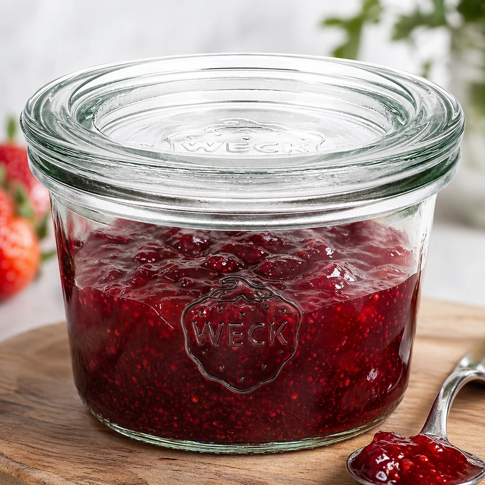 80ml zavařovací sklenice se skleněným víčkem WECK RR60 s dřevěným víčkem WECK Sturzglas 80ml RR60 mit roter Erdbeermarmelade gefüllt zeigt praktische Nutzung zum Einkochen von Konfitüre