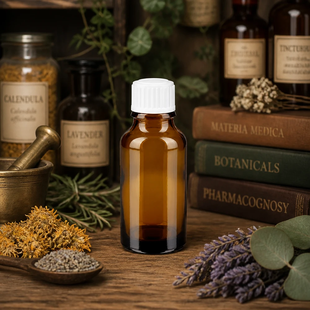 Apotheken-Braunglasfl­asche 20ml mit STD-Tropfeinsatz für Kräuterextrakte und Essenzen
