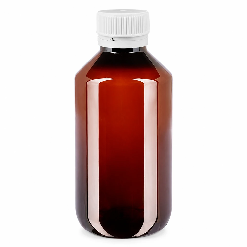 PET láhev 100ml s bílým rýhovaným uzávěrem s ochranou proti otevření. Hnědá PET láhev o objemu 100 ml s bílým uzávěrem zajišťujícím neporušenost, s rýhovaným šroubovacím víčkem