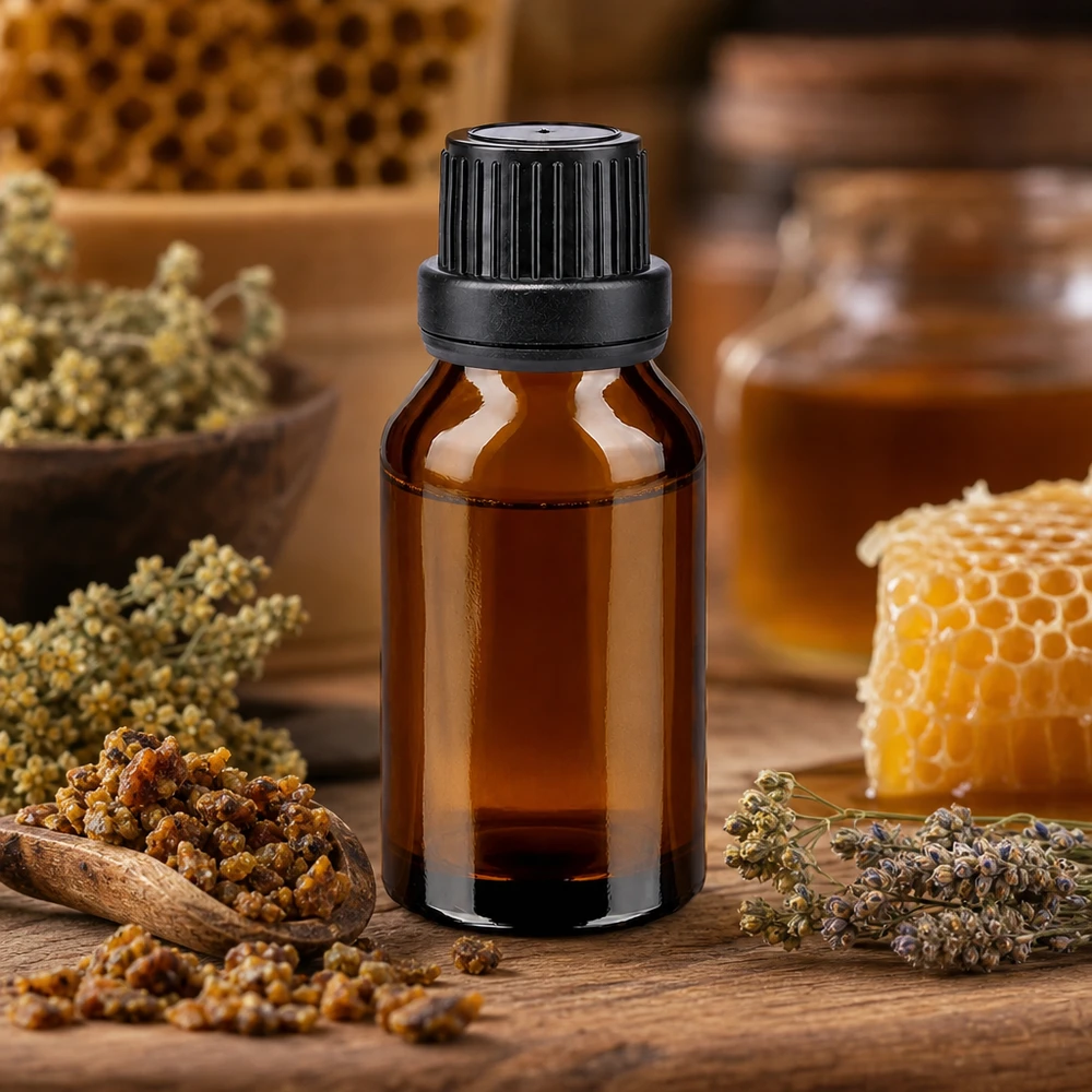 Lékárenská lahvička hnědá 15ml se šroubovacím uzávěrem černá s nepropustným uzávěrem Kompakte Braunglas Flasche 15ml mit Originalverschluss zwischen Lavendel und Bienenwaben