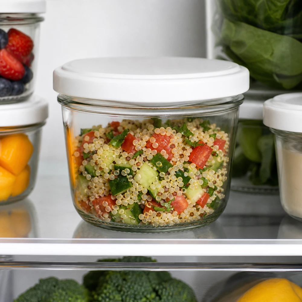 230ml Sturzglas mit Quinoa-Salat im Kühlschrank - praktische Meal Prep Aufbewahrung für gesunde Mahlzeiten
