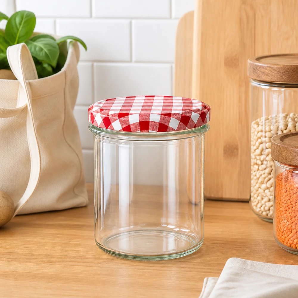 350ml kelímky + víčko BasicSeal červené/bílé UNiTWIST. 350ml Sturzglas mit rot-weiß kariertem Deckel in moderner Küche, ideal zur stilvollen Aufbewahrung von Lebensmitteln