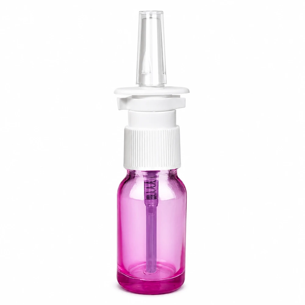 10ml lahvička s nosním rozprašovačem PurpleLine bílá/transparentní standard. UT18/10 Handliche 10ml Sprayflasche violett-transparent für Nasenspray-Anwendungen