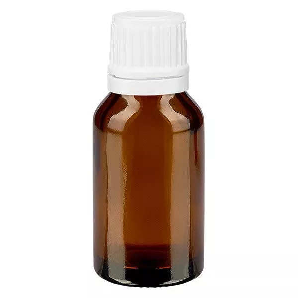 Lékárenská lahvička hnědá 30ml kapací uzávěr 1,2mm bílý uzávěr s ochranou proti manipulaci.