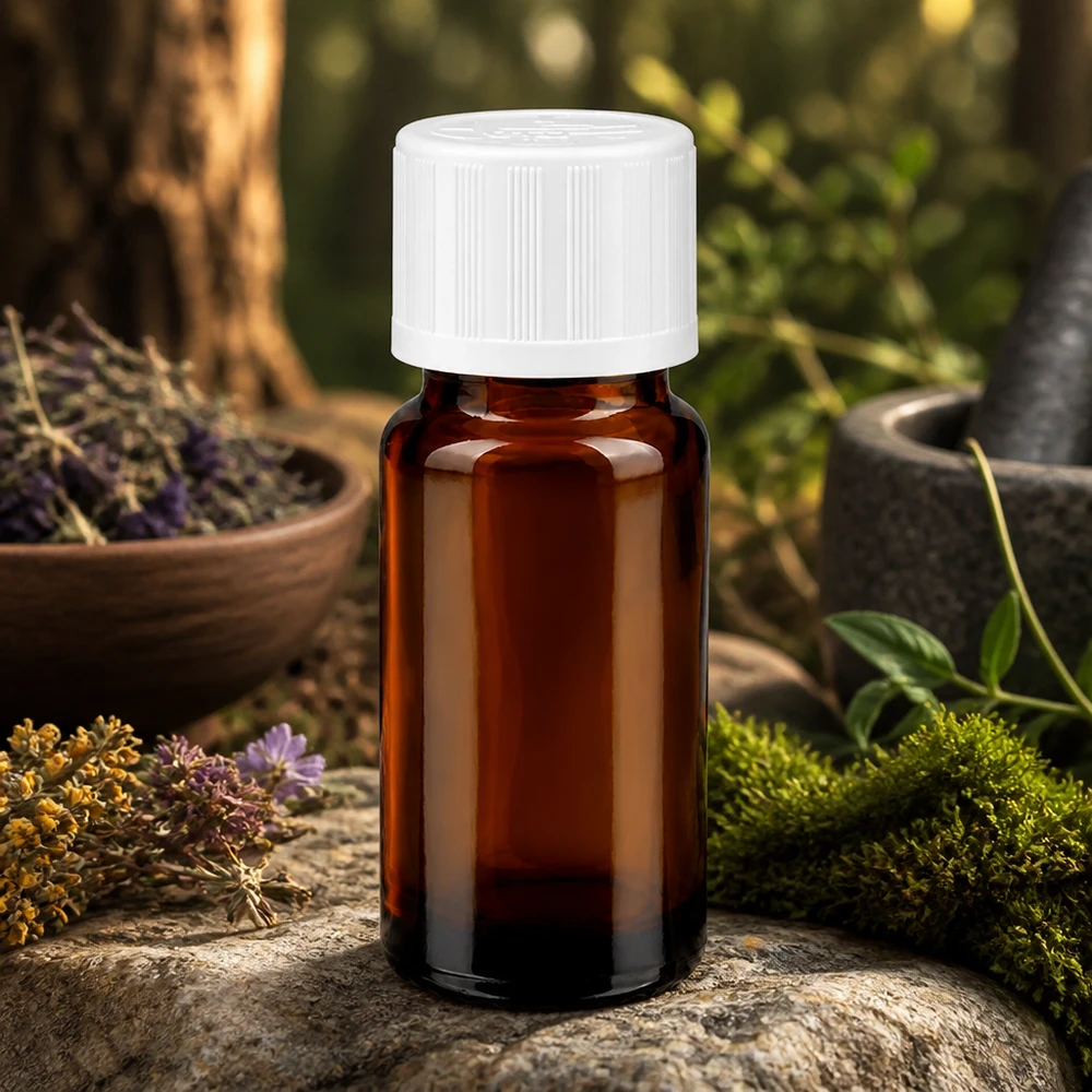 Kompakte Braunglasflasche 10ml mit Präzisionstropfer und KiSi-Deckel in naturmedizinischem Setting