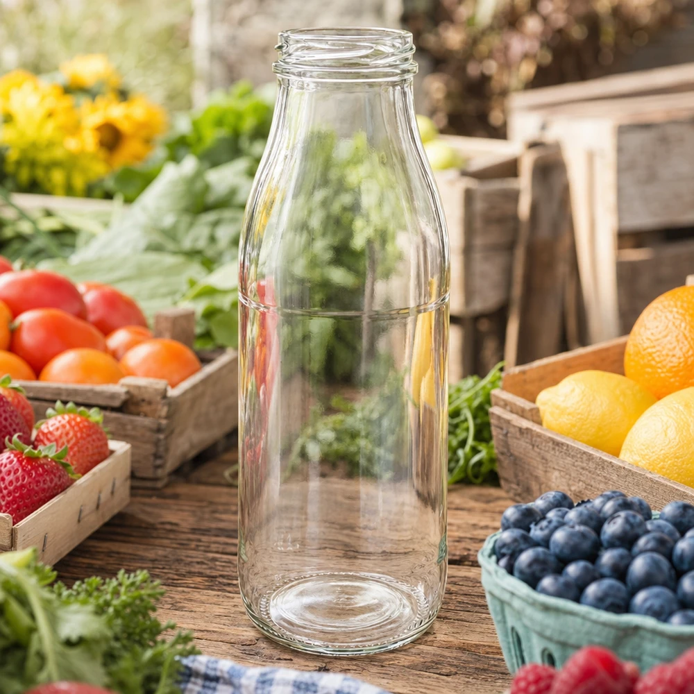 Skleněná láhev o objemu 500 ml bez víčka (TO48) UNiTWIST 500ml Glasflasche TO48 UNiTWIST leer auf rustikalem Holztisch umgeben von frischem Obst und Gemüse in Holzkisten