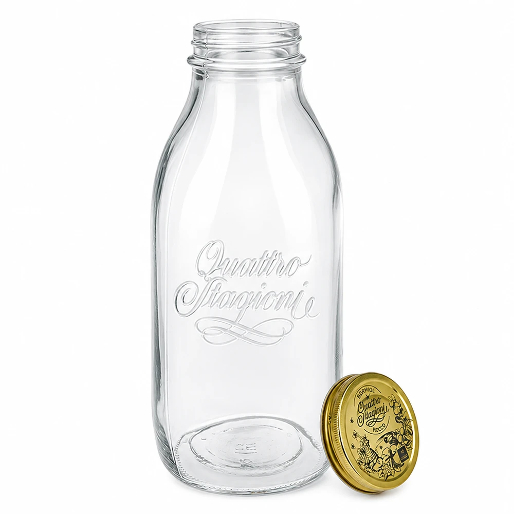 1000ml skleněná láhev "Quattro Stagioni" s víčkem Quattro Stagioni Glasflasche 1000ml mit abnehmbarem goldenem Deckel, geprägte Schrift, klassisches Milchflaschen Design