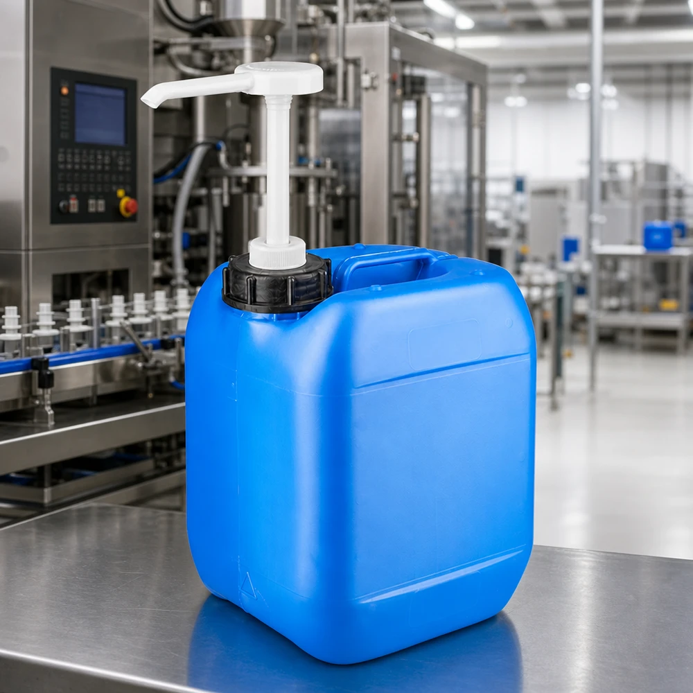 Kanystr 5 litrů modrý s dávkovacím čerpadlem Kompakter Viereckkanister 5L in Blau mit aufsteckbarer Dosierpumpe zur Chemikalienausgabe