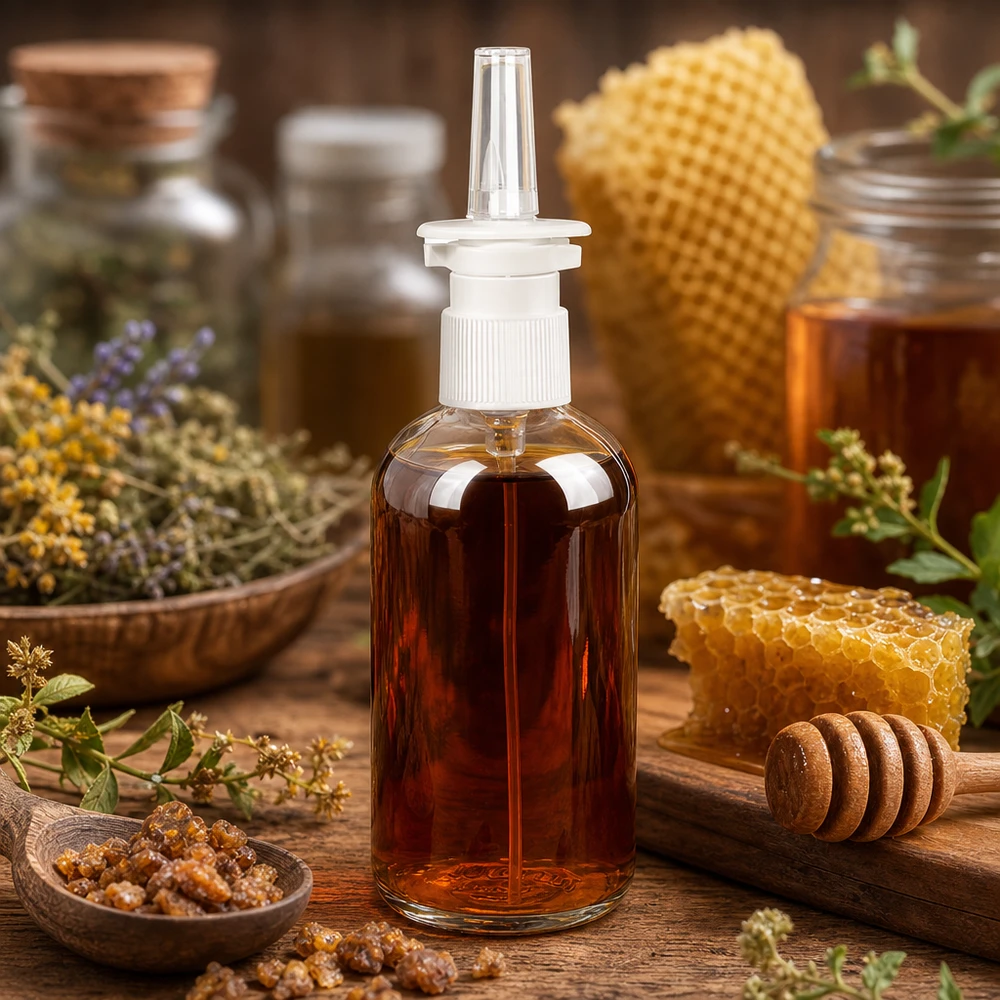 100ml ClearLine Sprühflasche UT18 mit Kräuterextrakt neben Bienenwachs und getrockneten Pflanzen