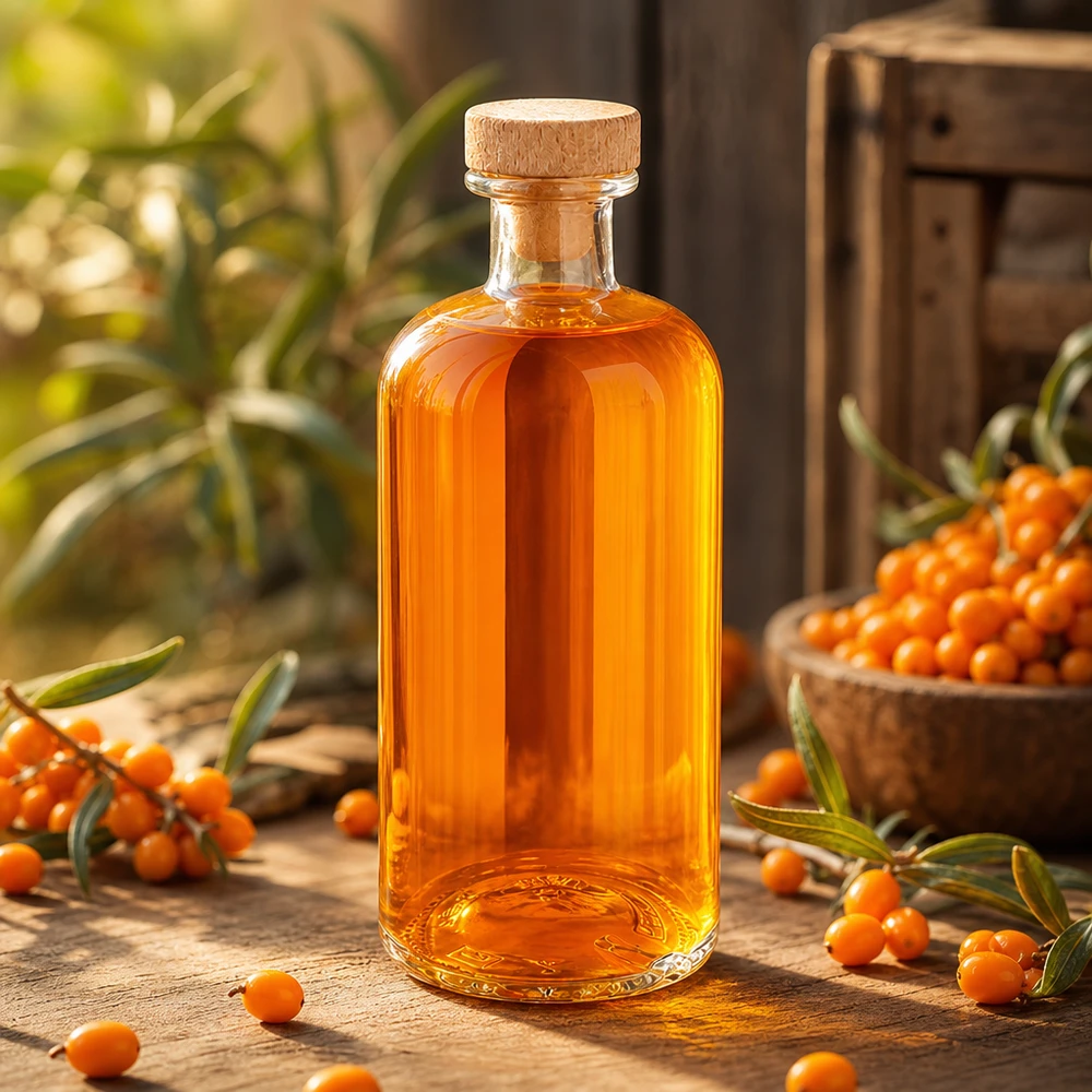 500ml Glasflasche "Flora" mit Holzgriff-Korken UNiTWIST 500ml Glasflasche Flora mit Holzkorken orange Sanddornöl zwischen Sanddornbeeren auf Holztisch Naturprodukt