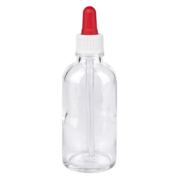 Lékárenská láhev čirá 50ml pipeta bílá/červená standardní Lékárenská láhev čirá 50ml pipeta bílá/červená standardní