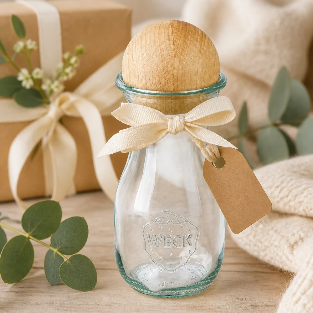 WECK Saftflasche 290ml RR60 als Geschenk verpackt mit Schleife und Anhänger neben Eukalyptus-Dekoration