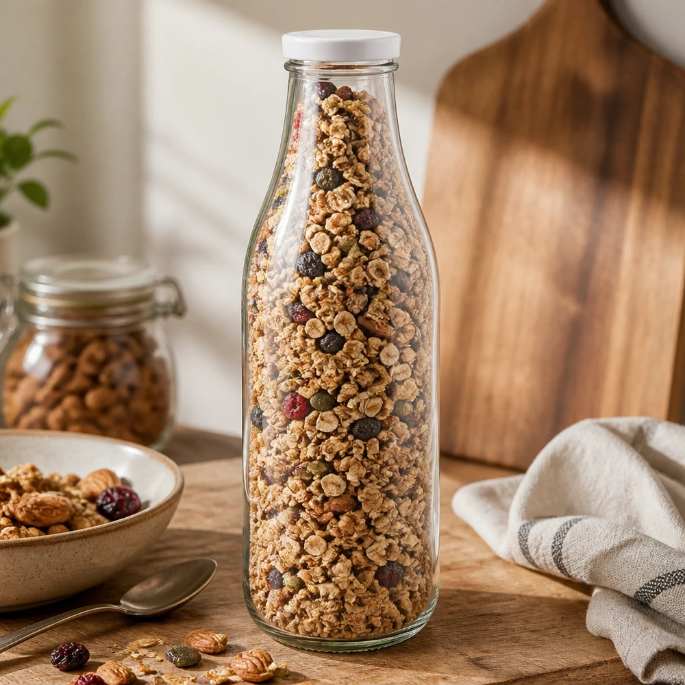1000ml Glasflasche mit BasicSeal Deckel weiß gefüllt mit Müsli Granola Nüssen Trockenfrüchten Vorratshaltung