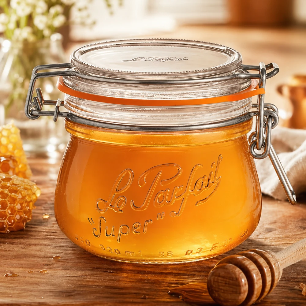 250ml Vorratsglas "Super" mit Bügelverschluss Le Parfait® 250ml Le Parfait Super Vorratsglas mit Bügelverschluss gefüllt mit Honig auf Holzbrett mit Honiglöffel
