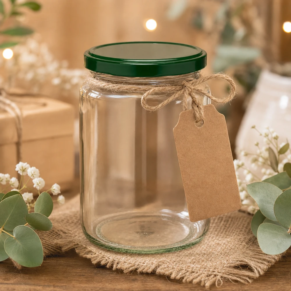 795ml kulatá sklenice + víčko BasicSeal zelené UNiTWIST 795ml UNiTWIST Rundglas mit grünem Deckel, Kraftpapier-Anhänger und Juteschnur - rustikale Geschenkverpackung