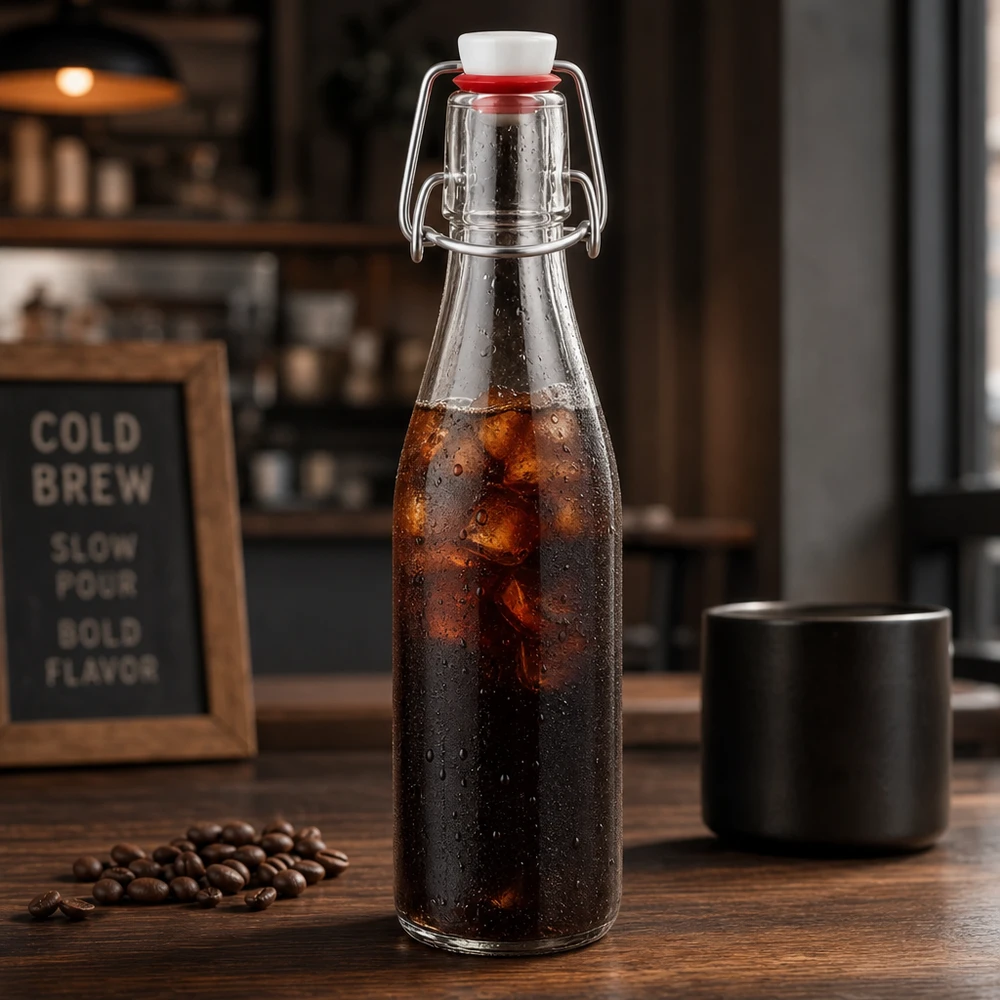 250ml skleněná láhev + otočný vršek z porcelánu UNiTWIST 250ml Glasflasche mit Bügelverschluss für Cold Brew Kaffee, edle Vintage-Optik mit Kaffeebohnen und schwarzer Tasse