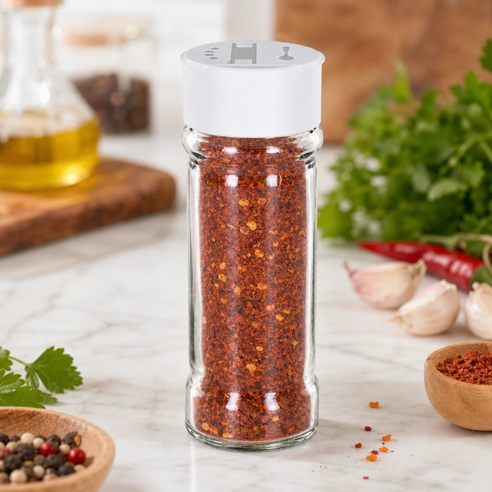 Gewürzstreuer 100ml Glas mit weißem Kunststoffstreuerdeckel für Chiliflocken und Salz